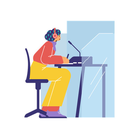 Woman multi language translator in microphone help understanding and interpreting  Illustration
