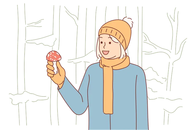 Woman Mushroom Picker Found Toadstool In Forest And Risks Becoming Victim Poisonous Fungus Dangerous Fly Agaric In Hands Mushroom Picker Girl Who Went On Hike To Collect Wild Funguses And Berries イラスト