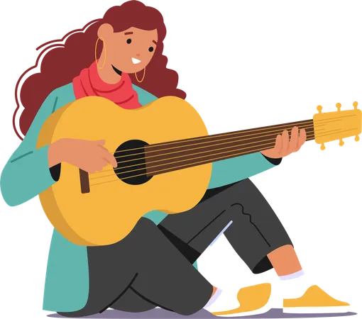 Woman Music Teacher Sits On The Floor Fingers Dancing On Guitar Strings Female Character Creating A Harmonious Melody That Resonates With Passion And Expertise Cartoon People Vector Illustration Illustration