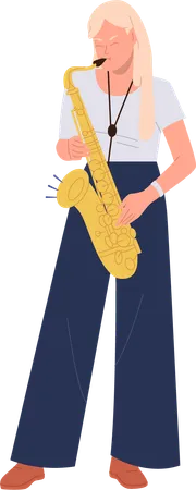 Young Woman Musician Jazz Band Participant Playing Improvisation Creating Melody On Saxophone Vector Illustration Female Saxophonist Cartoon Character Performing Isolated On White Background Illustration
