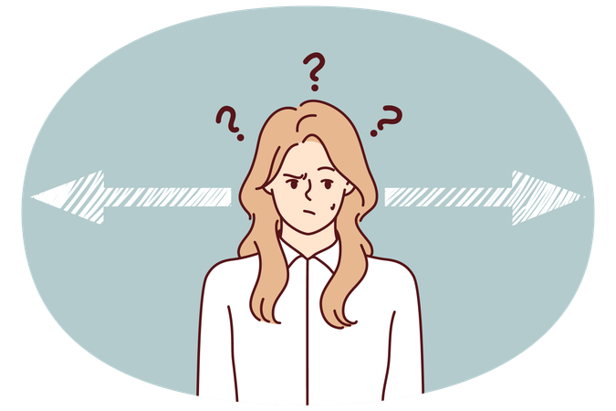 Woman near arrows pointing in different directions for hard decision  Illustration