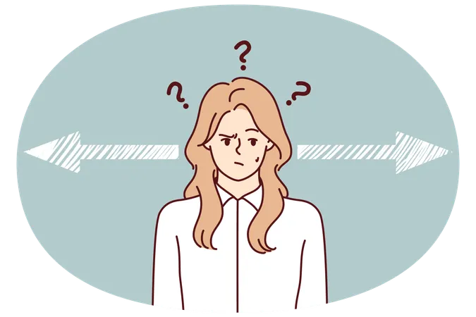 Woman near arrows pointing in different directions for hard decision  Illustration