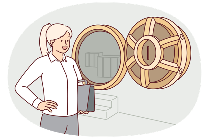 Woman near bank safe for storing precious metals and clients money to advertise safe deposit  Illustration
