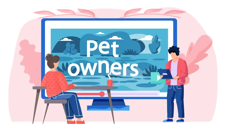 Video Blog For Pet Owners And Volunteers People Near Monitor With Post About Keeping Animals At Home Information Channel About Cats And Dogs Domestic Animal Care Concept Flat Vector Illustration Illustration