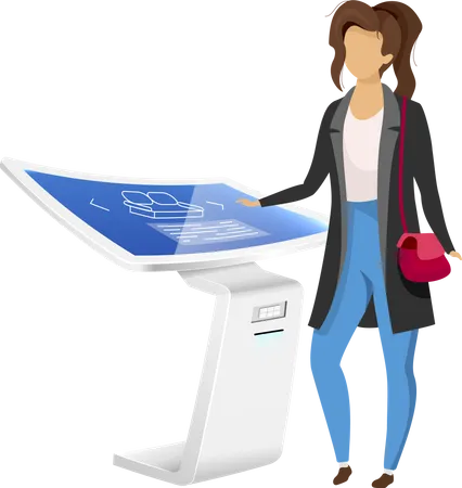 Woman Near Electronic Signage Panel Flat Color Vector Faceless Character Innovative Information Board Isolated Cartoon Illustration On White Background Product Production Kiosk With Touchscreen Illustration