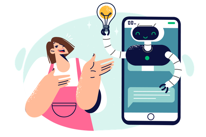 Woman near phone with robot in screen symbolizing artificial intelligence and mobile chat bot  Illustration