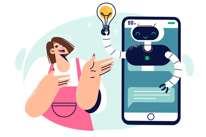 Woman Near Phone With Robot In Screen Symbolizing Artificial Intelligence And Mobile Chat Bot For Searching For Ideas Girl Uses Chat Bot With Generative Neural Network To Compose Texts Illustration