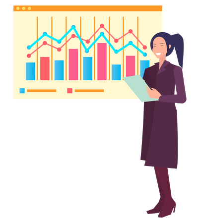 Woman near presentation board with data  Illustration