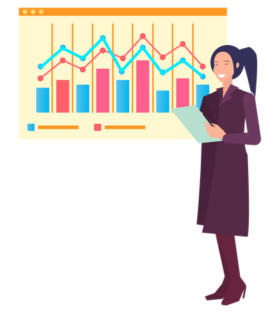 Woman near presentation board with data  Illustration