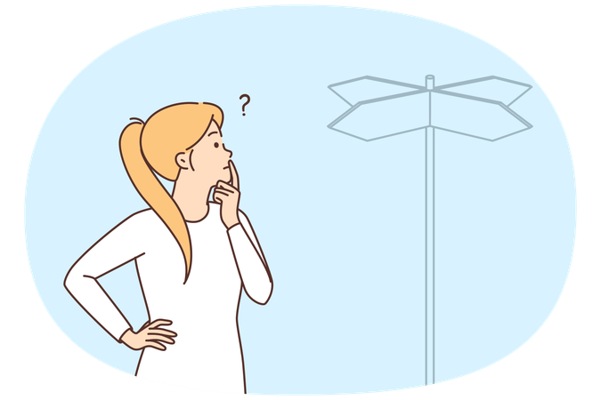 Woman near road sign pointing in different sides trying to choose direction  Illustration