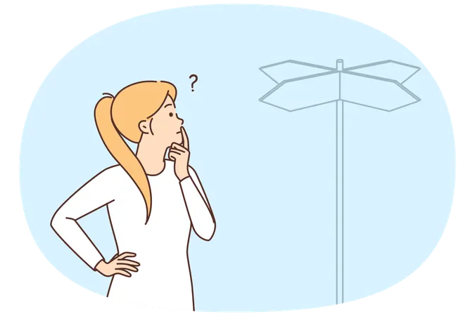 Woman near road sign pointing in different sides trying to choose direction  Illustration