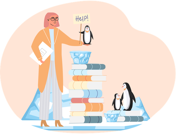 Woman near stack of books with information about global warming change climate at North Pole  Illustration