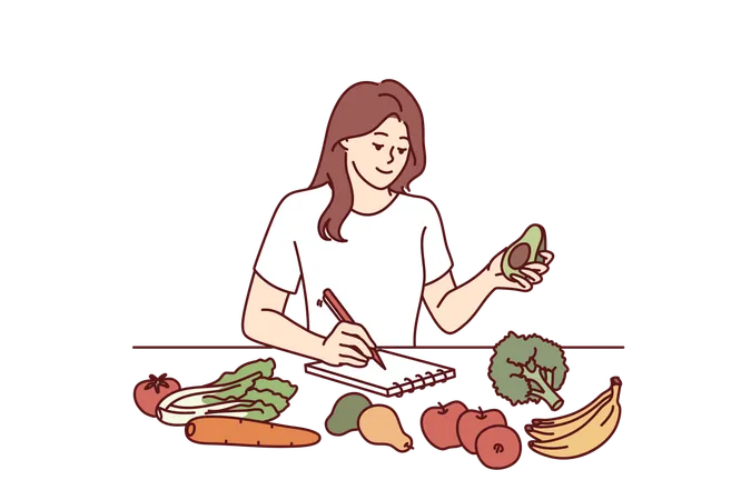 Woman Near Table With Vegetables Makes Notes In Notebook Counting Calories Or Making Plan For New Keto Diet Girl Takes Care Of Diet By Choosing Only Organic Vegetables Grown By Farmers Illustration