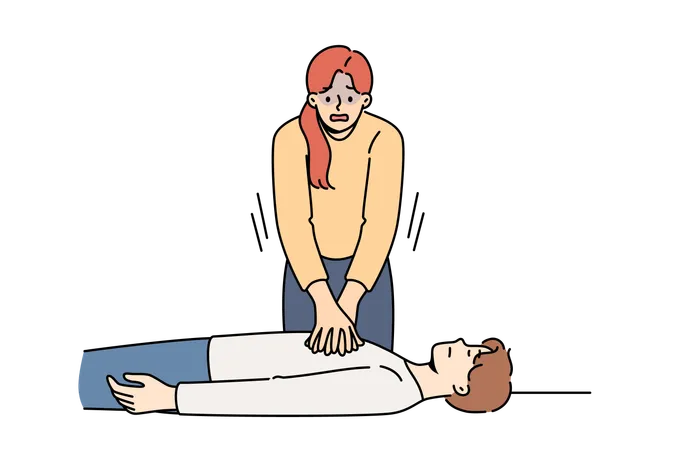 Woman nervous giving heart massage to man who has fainted and pressing on chest muscles  イラスト