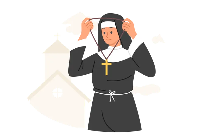 Woman nun in religious cassock wears chain with christian cross while going to worship in church  Illustration