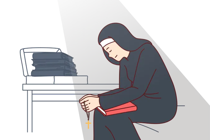 Woman nun sits with head bowed and holds religious crucifix and book of prayers  일러스트레이션