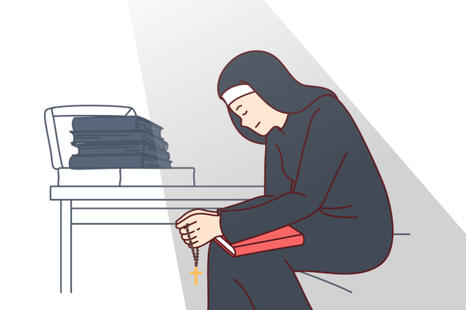 Woman nun sits with head bowed and holds religious crucifix and book of prayers  Illustration