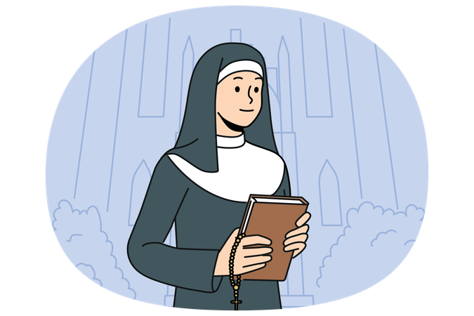 Woman nun with bible standing near church calling to visit christian shrines and study prayers  Illustration