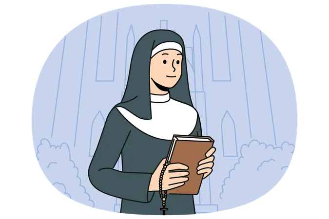 Woman nun with bible standing near church calling to visit christian shrines and study prayers  Illustration