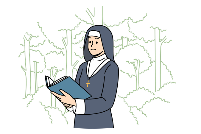 Woman nun with holy book stands in park and dressed in cassock for religious service in temple  Illustration