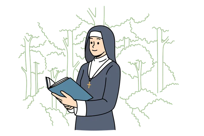 Woman nun with holy book stands in park and dressed in cassock for religious service in temple  Illustration