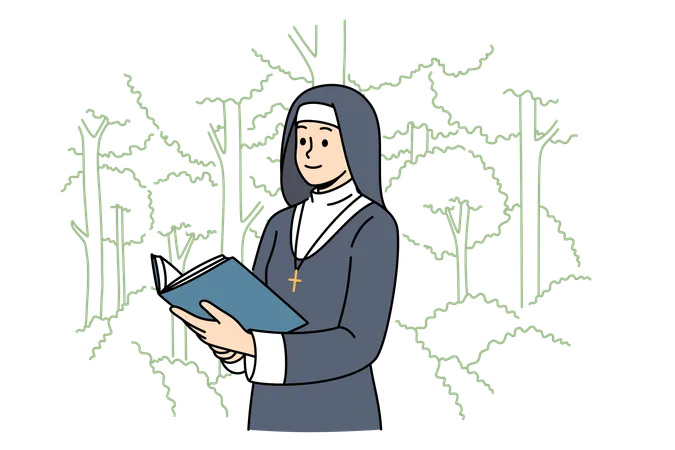 Woman Nun With Holy Book Stands In Park Among Trees Dressed In Cassock For Religious Service In Temple Nun Studies Sacred Scriptures And Prayers During Breaks Between Prayer Services In Cathedral Illustration