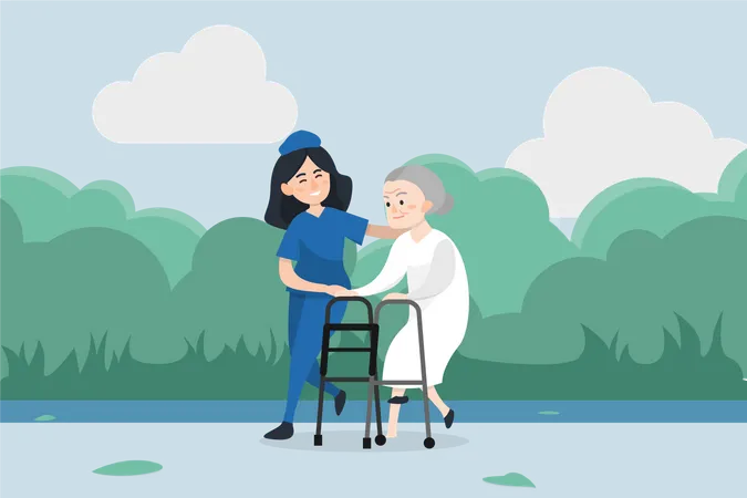 Woman nurse helping and caring old aged woman in walking  Illustration