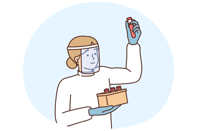 Woman nurse holding test tube with patient blood to make analysis for presence of virus  Illustration