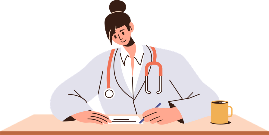 Woman nurse sitting at table and writing prescription  Illustration