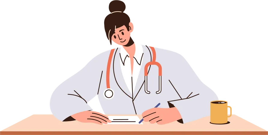 Woman nurse sitting at table and writing prescription  Illustration