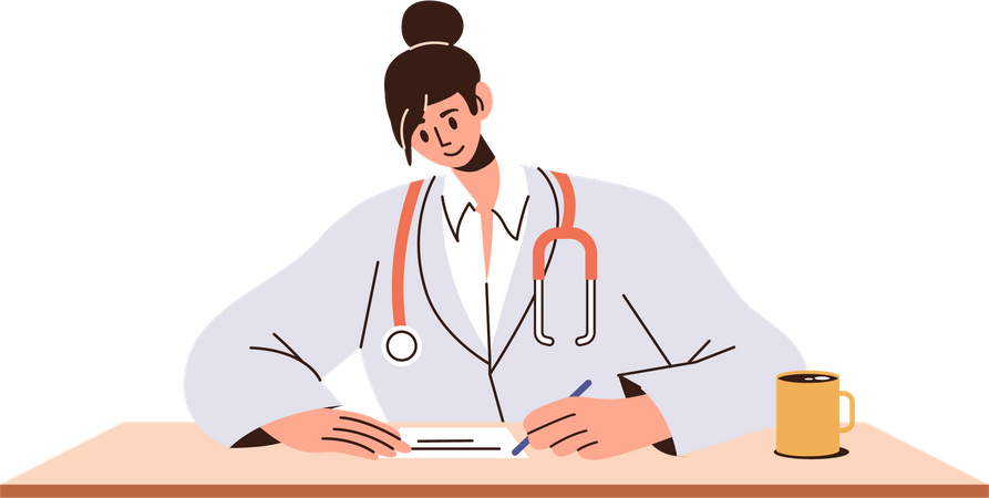 Woman nurse sitting at table and writing prescription  Illustration