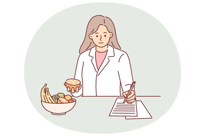 Woman nutritionist makes diet for patient who wants to lose weight and stands at table with fruits  Illustration