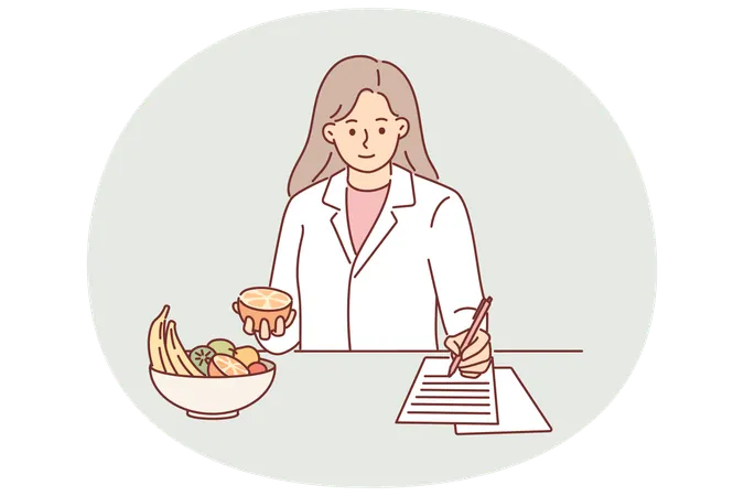 Woman nutritionist makes diet for patient who wants to lose weight and stands at table with fruits  Illustration