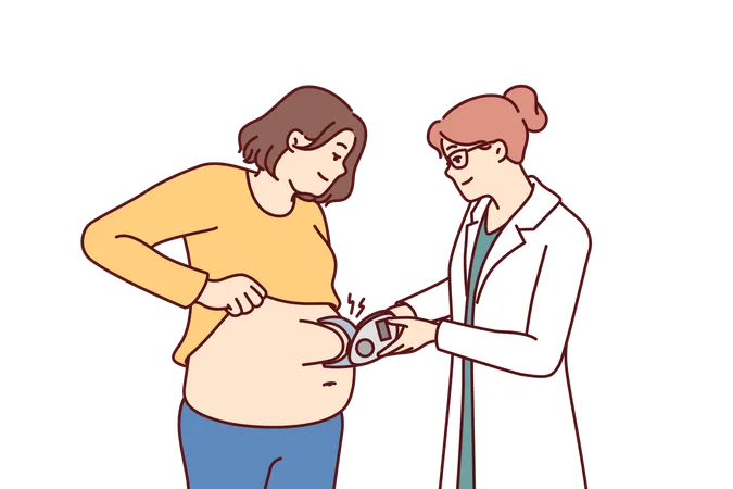 Woman nutritionist measures size of fat layer in overweight patient to give recommendations  Illustration