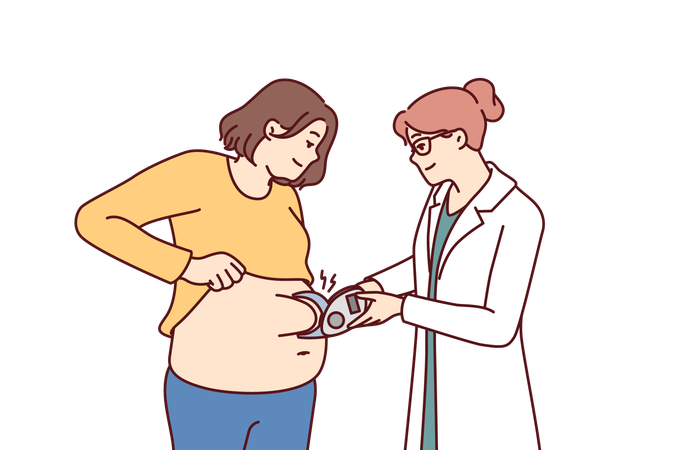 Woman nutritionist measures size of fat layer in overweight patient to give recommendations  Illustration