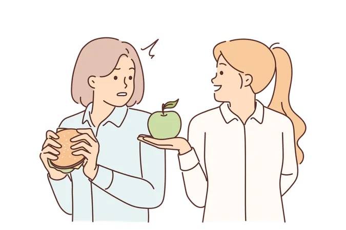 Woman Nutritionist Offers Apple To Girl Who Eats Fast Food With High Content Of Cholesterol And Fat Nutritionist Explains To Patient About Benefits Of Fruits And Timing Of Burgers And Sandwiches Illustration