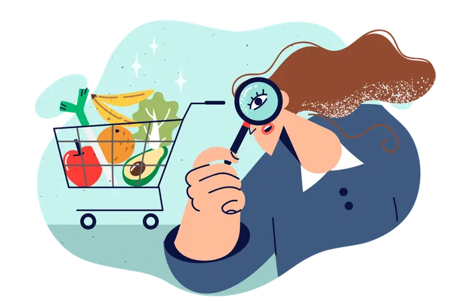 Woman Nutritionist Selects Vegetables For Proper Nutrition Standing With Magnifying Glass Near Shopping Cart Nutritionist Girl Inspects Organic Products In Supermarket For Presence Of Pesticides イラスト