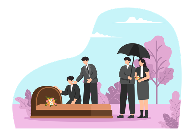 Woman offering flowers to death person  Illustration