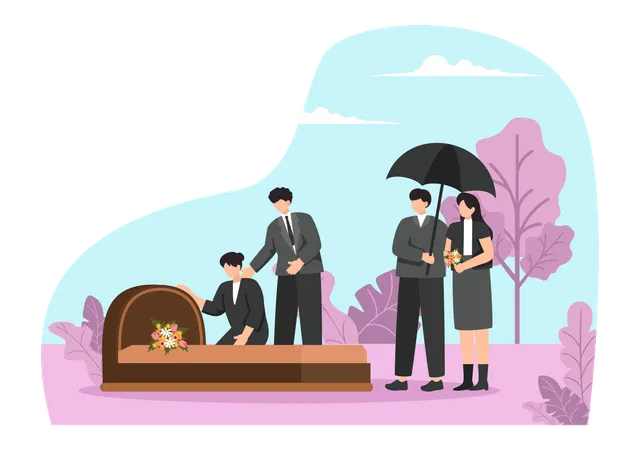 Woman offering flowers to death person  Illustration