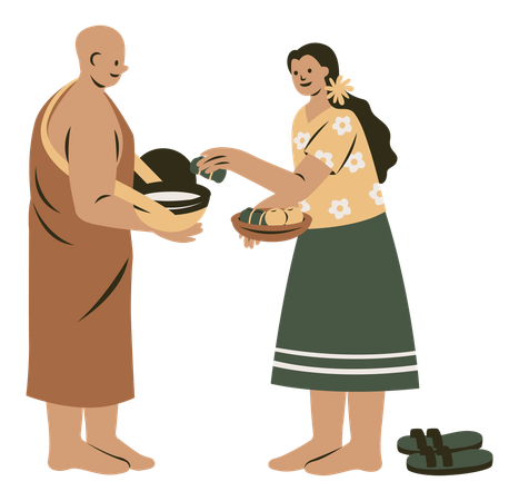 Woman Offering Food in Alms Bowl to Monk  Illustration