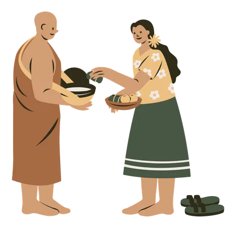 Woman Offering Food in Alms Bowl to Monk  Illustration