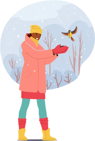 Woman offering seeds to bird  Illustration