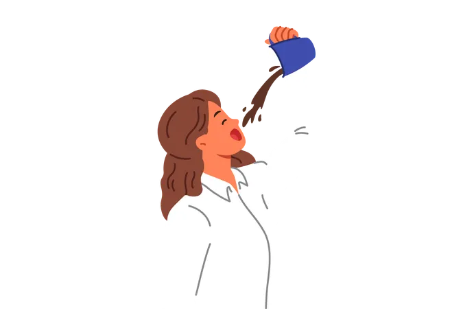 Woman Office Clerk Drinks Lot Of Coffee To Gain Energy And Do Enough Work To Get New Position Businesswoman Pours Coffee From Mug Into Mouth Restoring Strength During Short Break Between Meetings Illustration