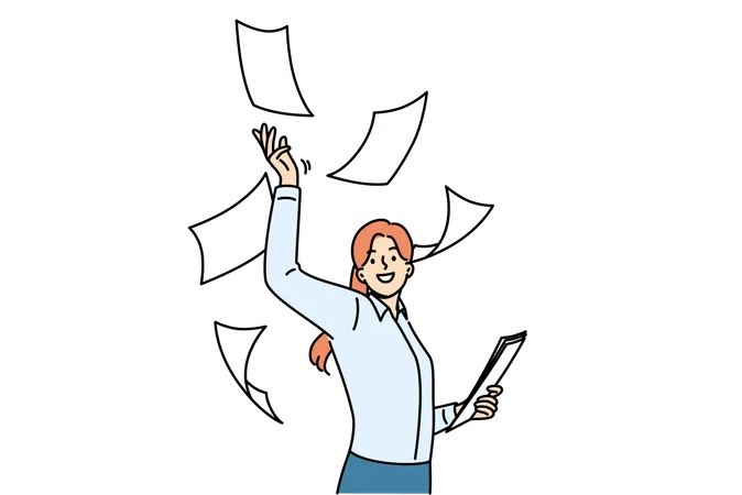 Woman office clerk throws documents up and rejoicing of digitalization and reduction of paperwork  Illustration