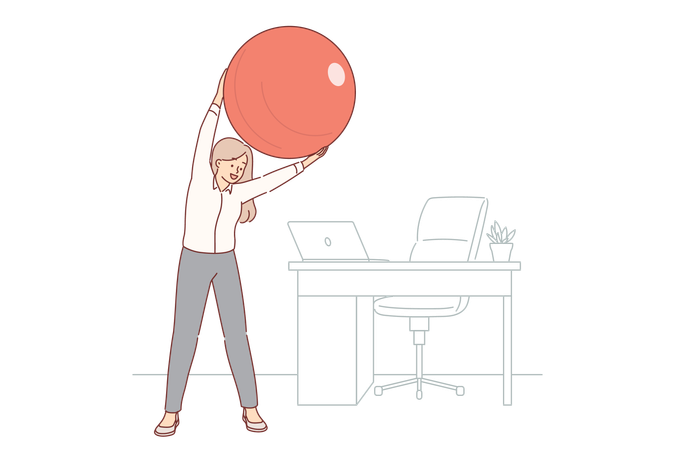 Woman office manager does gymnastics at workplace uses pilates ball to stretch spine  Illustration