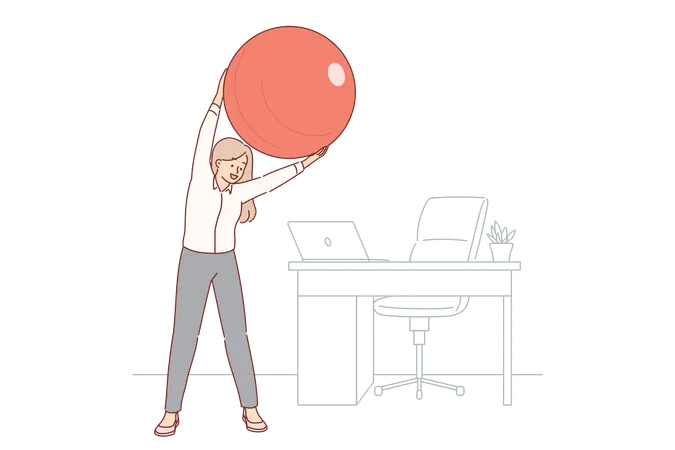 Woman Office Manager Does Gymnastics At Workplace Uses Pilates Ball To Stretch Spine Business Lady Doing Sports And Fitness During Break Between Work Making Gymnastics Training Near Desk Illustration