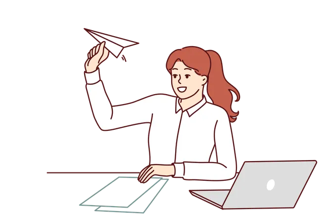 Woman Office Manager Is Distracted By Launching Paper Plane And Suffering From Lack Of Motivation Girl Manager Sits At Table With Laptop For Metaphor Of Launching Own Successful Startup Illustration
