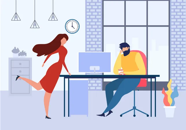 Woman Office Table Flirt with Man at Work Illustration