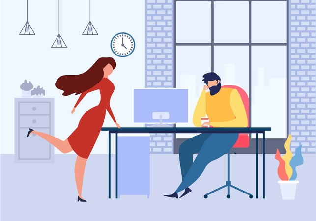 Woman Office Table Flirt with Man at Work  Illustration