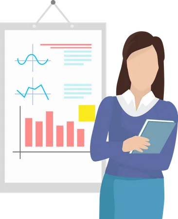 Woman office worker analyzes indicators on presentation with charts  Illustration